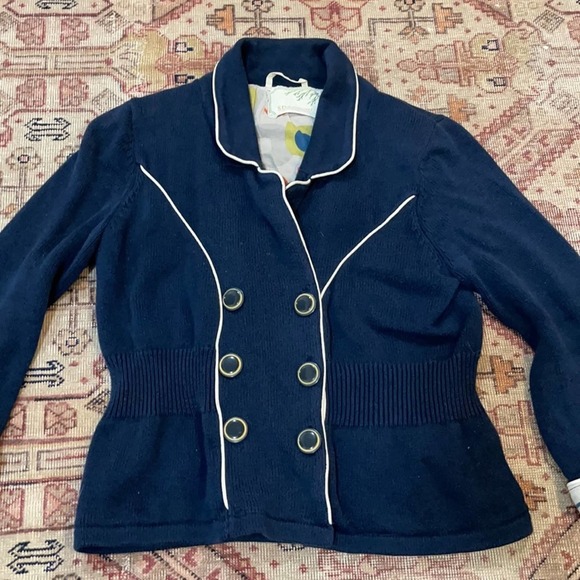 Anthropologie Sparrow Navy Knit Double Breasted Blazer Jacket medium - Picture 3 of 5